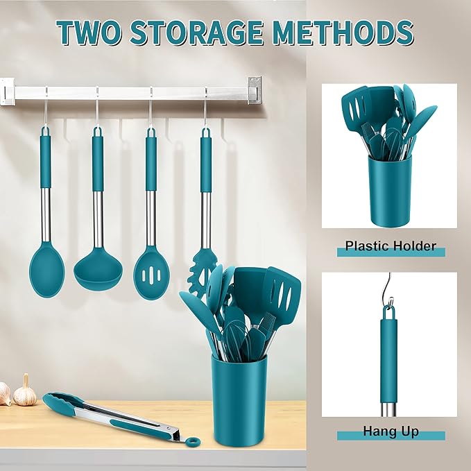Silicone Cooking Utensils Set, E-far 14-Piece Blue Kitchen Utensils Set with Holder, Kitchen Tools Spatulas with Stainless Steel Handle for Non-stick Cookware, Heat Resistant & Dishwasher safe