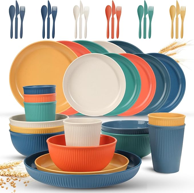 OAMCEG Wheat Straw Dinnerware Sets 42pcs, Plates and Bowls Sets for 6, Plastic Wheatstraw Dinnerware Set for Kitchen & Camping, Plates and Bowls Dish Set, Colorful