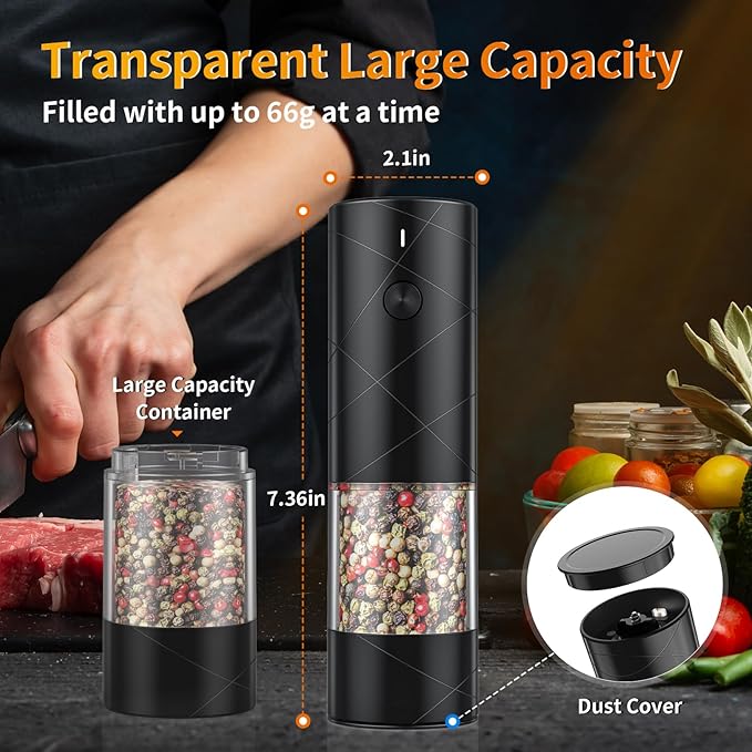 4Pack Electric Salt and Pepper Grinder Set USB Rechargeable with Warm LED Light, Adjustable Coarseness Lidaop Large Capacity Automatic Salt Pepper Mill Grinder for Kitchen, Black Set