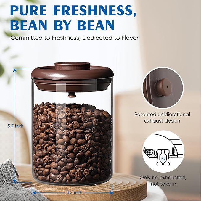 Coffee Container - Kitchen Food Storage Container with One-Way CO2 Valve, Press-on Lid Glass Coffee Canister with Scoop UV Protection for Grounds, Beans, 11 oz Brown