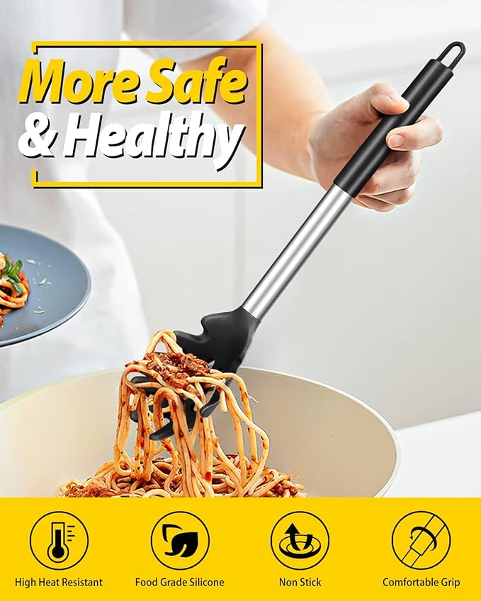 Pack of 2 Silicone Pasta Fork, Kitchen Heat Resistant Noodle Spoon Server, BPA Free Spaghetti Strainer, Best Cooking Tools (BLACK-WHITE)