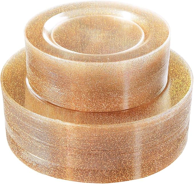 WDF 120PCS Gold Plastic Plates- Disposable Gold Glitter Plates, Premium Heavy Duty 60-10.25" Dinner Plate and 60-7.5" Salad Plate for Thanksgiving Parties &Wedding