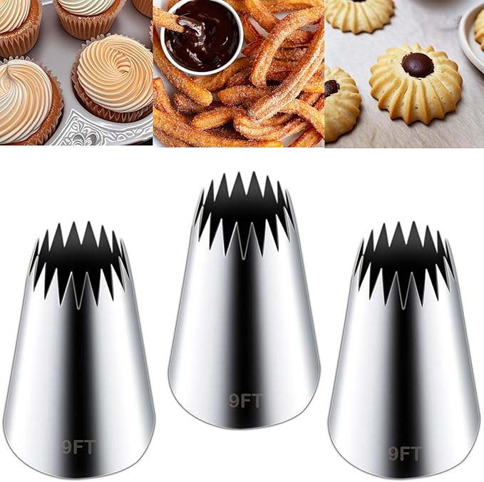 Hendiy 3 Pieces Churro Piping Tips, Stainless Steel 9FT Large Piping Tip Churro Maker Icing Tips, Pastry Tips for Cake Decorating Frosting Tip