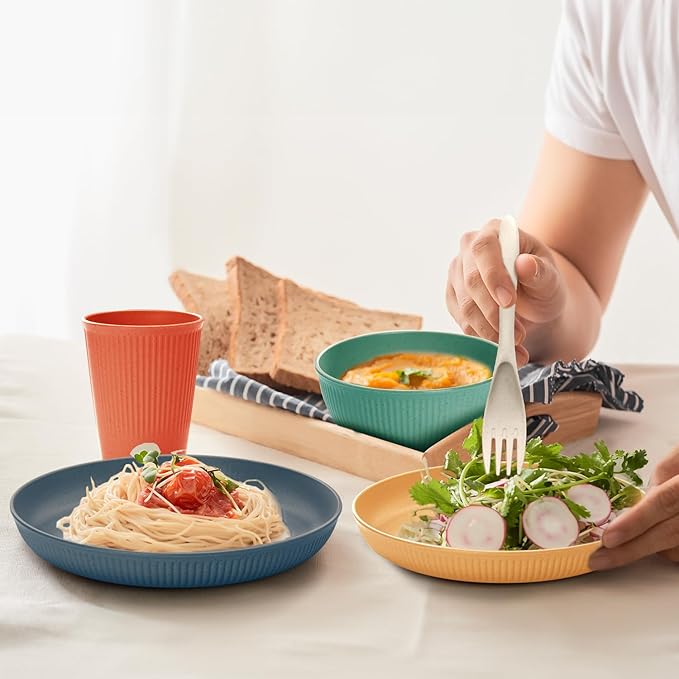 OAMCEG Wheat Straw Dinnerware Sets 42pcs, Plates and Bowls Sets for 6, Plastic Wheatstraw Dinnerware Set for Kitchen & Camping, Plates and Bowls Dish Set, Colorful