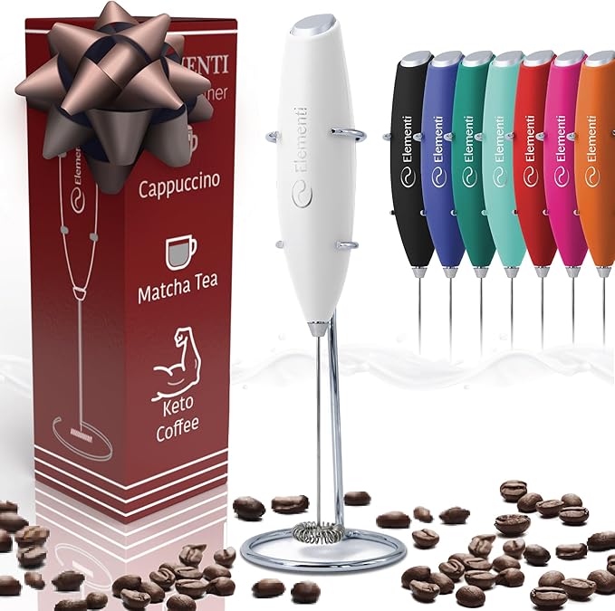 Elementi Electric Milk Frother Handheld - Make Creamy Lattes, Delicious Cappuccinos and Perfect Drinks - Compact Mixer & Coffee Stirrer with Whisk - White