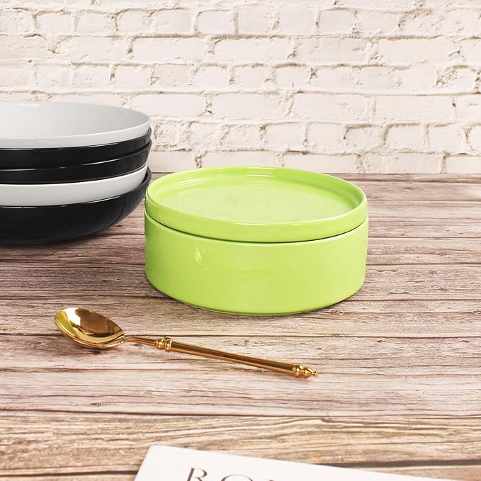 Mini Casserole Dish 23 Ounce French White Ceramic Bakeware Set with Lids, Chip and Crack Resistant Stoneware Baking Dish, Microwave, Dishwasher, Oven, Freezer and Fridge Safe (Green 7.1