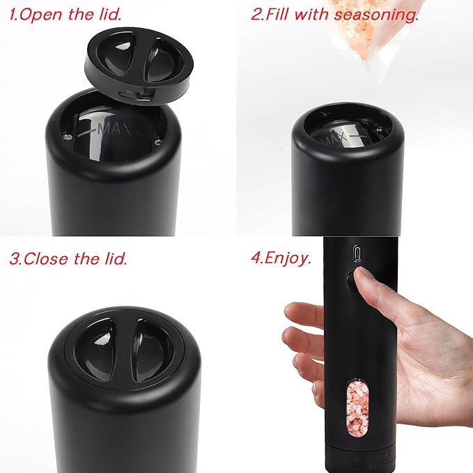 Electric Salt and Pepper Grinder Set – Rechargeable Automatic Mills with 6-Level Adjustable Coarseness, White LED Light, Large 110ml Capacity and Storage Base