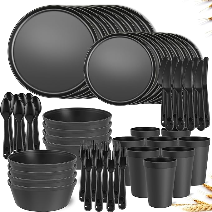 Plastic Dinnerware Sets – 40-Piece Plates and Bowls Sets with Cups, Knives, Forks and Spoons, Dishes Set for 8, Reusable Unbreakable Kitchen Dishware for Apartment, Camping, Outdoor, Black
