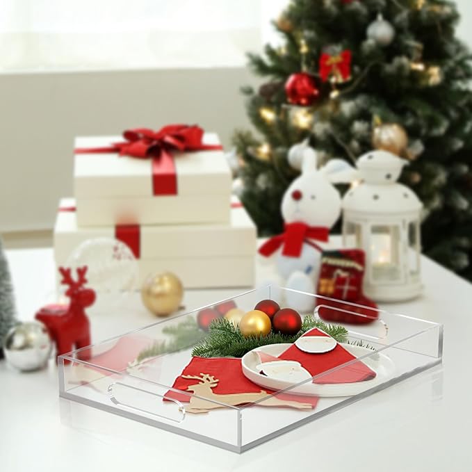 Acrylic Tray for Ottoman,Acrylic Organizers Tray Large, Serving Tray with Handle, Lucite Tray Organizer for Bench, Coffee Table Countertop, Kitchen, Bathroom, Living Room, Powder Room