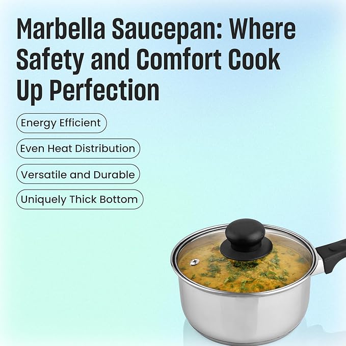 MARBELLA 1 Quart Stainless Steel Saucepan with Glass Lid & Bakelite Handle – Food Grade, Nickel Free, Heavy Duty Multipurpose Pot for Gas & Dishwasher Safe (Silver)