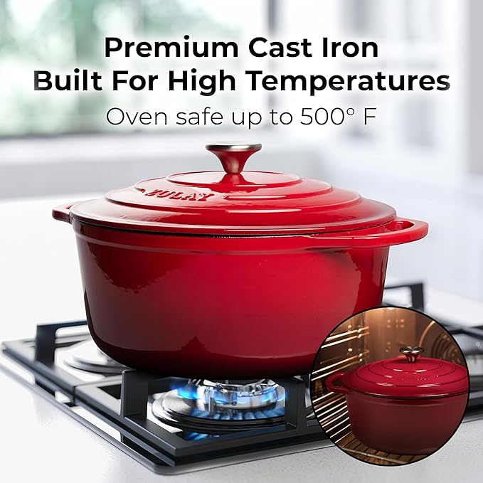 Zulay Kitchen 6 Quart Enameled Cast Iron Dutch Oven with Lid – Premium Durability & Oven Safe up to 500°F – Heavy Duty Cookware Perfect for Bread Baking, Stews, Braising & Roasting – Red