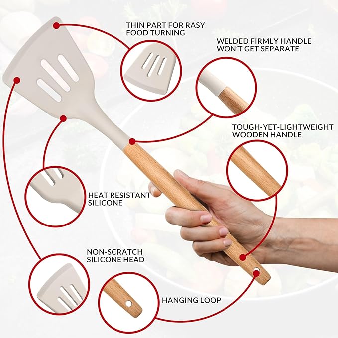 E-far Kitchen Utensils Set of 12, Silicone Cooking Utensils with Holder, Non-stick Cookware Friendly & Heat Resistant, Includes Spatula Tong Whisk Ladle Brush Slotted Turner Spoon(Khaki)