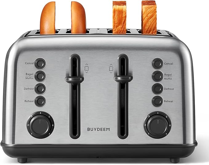 BUYDEEM DT640 4-Slice Toaster, Extra Wide Slots, Retro Stainless Steel with High Lift Lever, Bagel and Muffin Function, Removal Crumb Tray, 7-Shade Settings,Stainless Steel