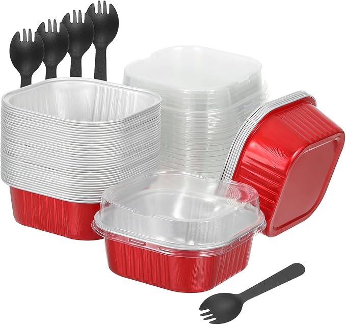 HARFINGTON 40Pack 10oz Disposable Mini Cake Pans with Lids and Spoons Red Aluminum Foil Square Baking Cupcake Dessert Cups Tin for Birthday Party