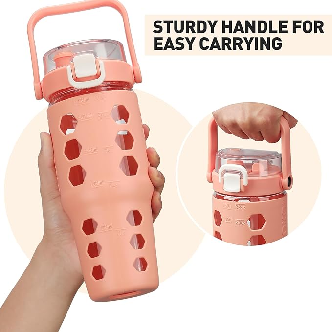 MUKOKO 32 oz Glass Tumbler with Straw,Glass Water Bottles with Time Marker,Iced Coffee Cup with Silicone Sleeve,Motivational Drinking Bottles,Leakproof-Coral Pink