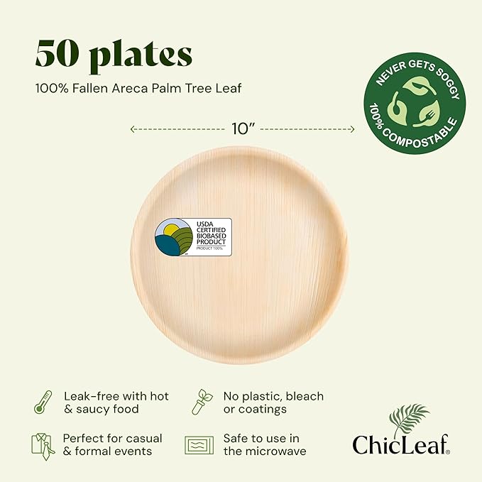 Chic Leaf Palm Leaf Plates - 10" Round - 50 Pack of 100% Compostable, Biodegradable & Disposable Bamboo Plates - Heavy Duty, Sturdy Paper Alternative for Wedding Desserts & Events