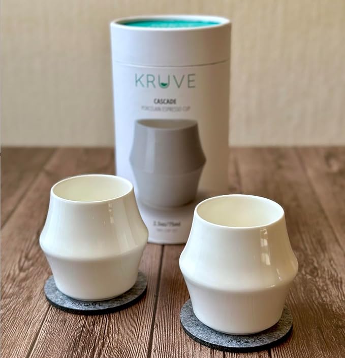 KRUVE CASCADE Porcelain Coffee Cups, 2.5oz Double-Walled Espresso Cups, Sensory Espresso Coffee Mug Set for Heat Retention, White Porcelain Drinking Glasses with Enhanced Aroma, Elegant Cup Design