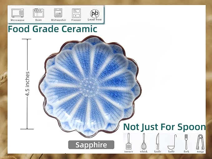 Ceramic Spoon Rest for Stove Top, Flower Cute Spoon Rest for Kitchen Counter, Cooking Spoon Holder for Kitchen Counter, Utensil Rest Spatula Rest Ladle Holder Tong Rest, 1 PC (Ice Cracks, Sapphire)