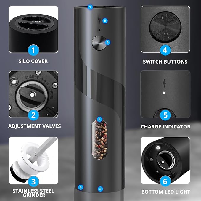 Electric Salt and Pepper Grinder Set Rechargeable with Easy to Carry Charging Base and LED Light, Adjustable Coarseness, Greater Capacity, USB for Kitchen, Restaurant