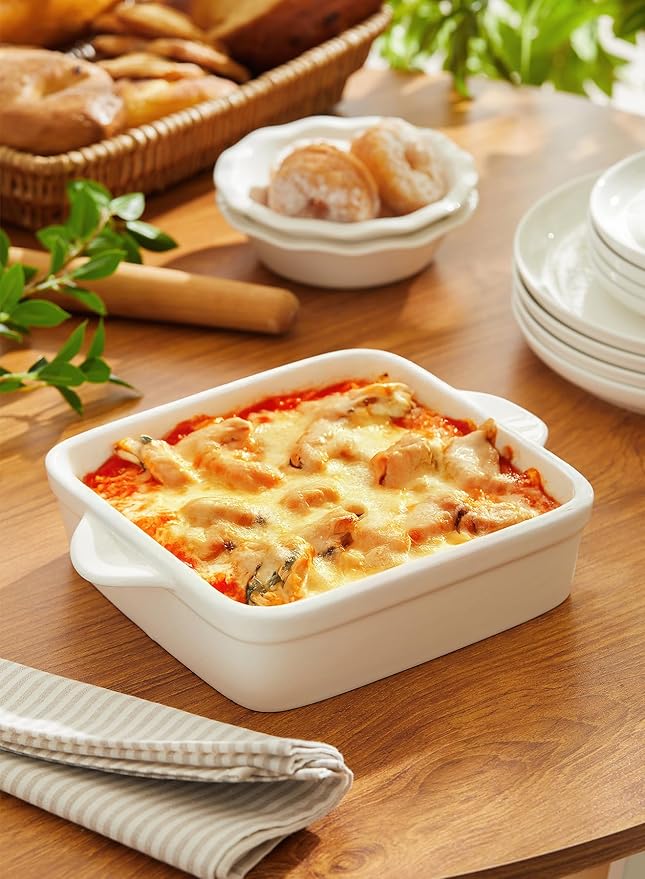 Sweese 8x8 inch Square Porcelain Baking Dish with Double Handles - Non-Stick Oven Casserole Pan for Brownie, Lasagna, Roasting - Great for Serving or Cooking