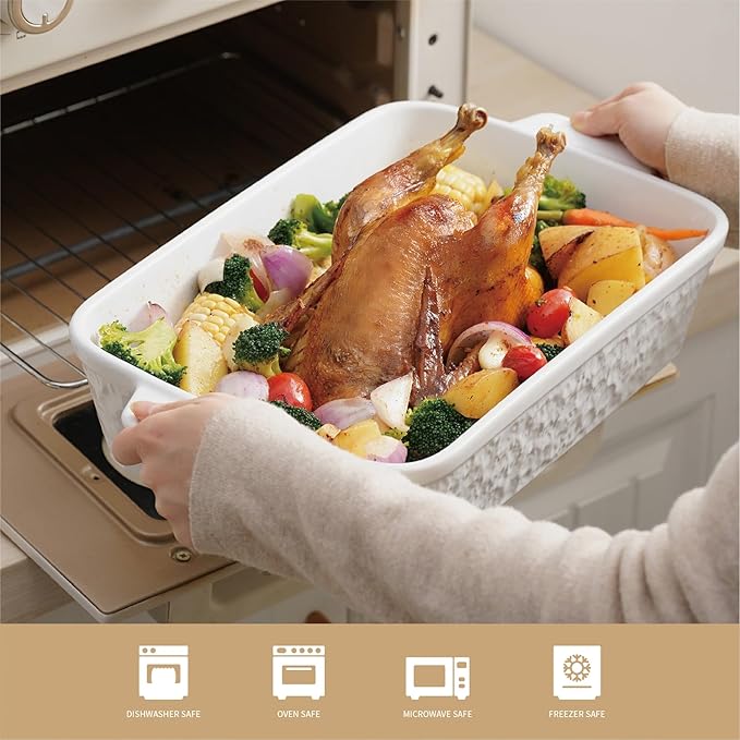 Casserole Dish for Oven, 4.2 QT Baking Dish, 9x13 Large Porcelain Baking Pan, Durable Rectangular Lasagna Pan Deep with Handles, Microwave Oven Safe