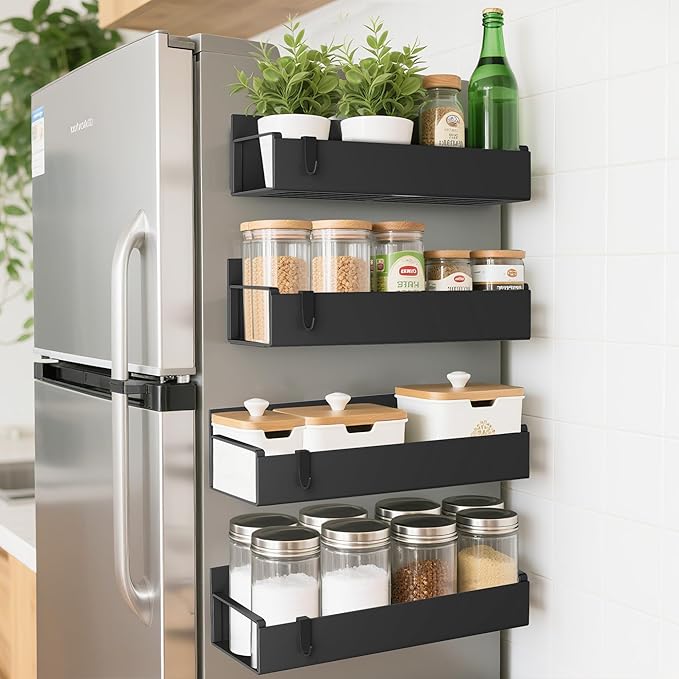4 Pack Magnetic Spice Rack Organizer for Refrigerator and Oven, Movable Magnetic Hanging Kitchen Spice Rack with 4 Hooks, Black