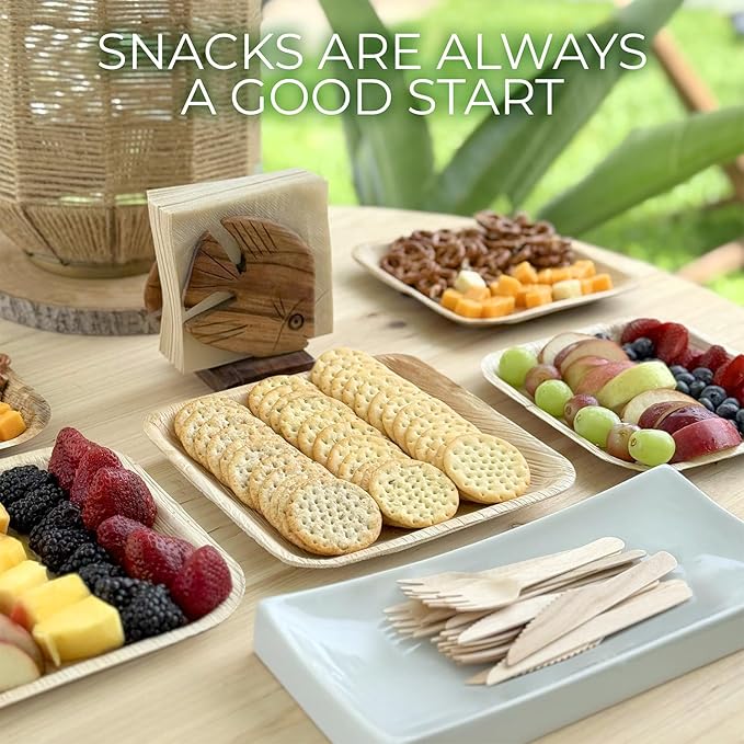 Compostable Square Palm Leaf Plates 8 Inch with Forks & Knives (50 Each) - Like Bamboo Plates, Disposable Party Plates, Biodegradable, Eco-Friendly, Microwave & Oven Safe