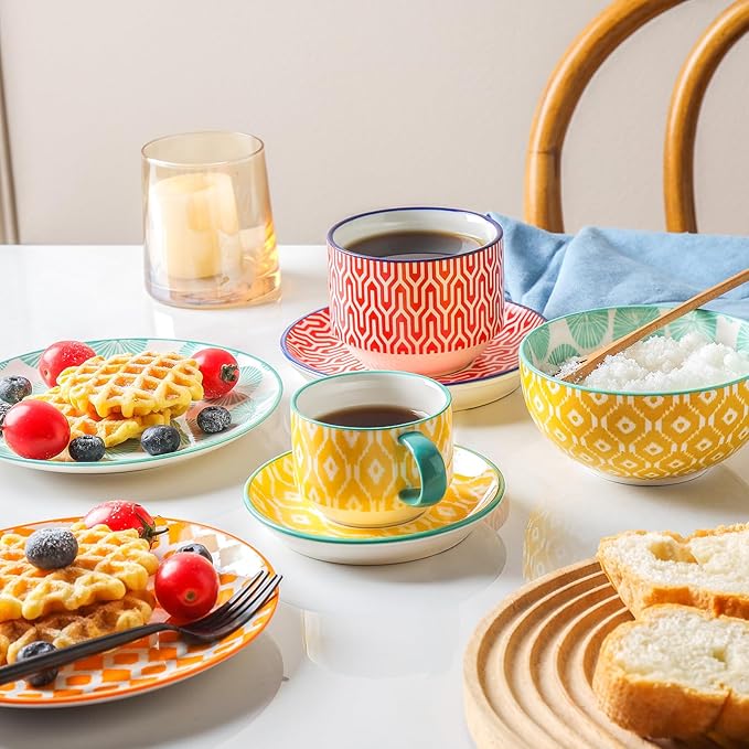 Selamica Ceramic Espresso Cups with Saucers and Metal Stand, 4 OZ Stackable Demitasse Cups for Latte Coffee Café Mocha Tea, Set of 4, Assorted Colors