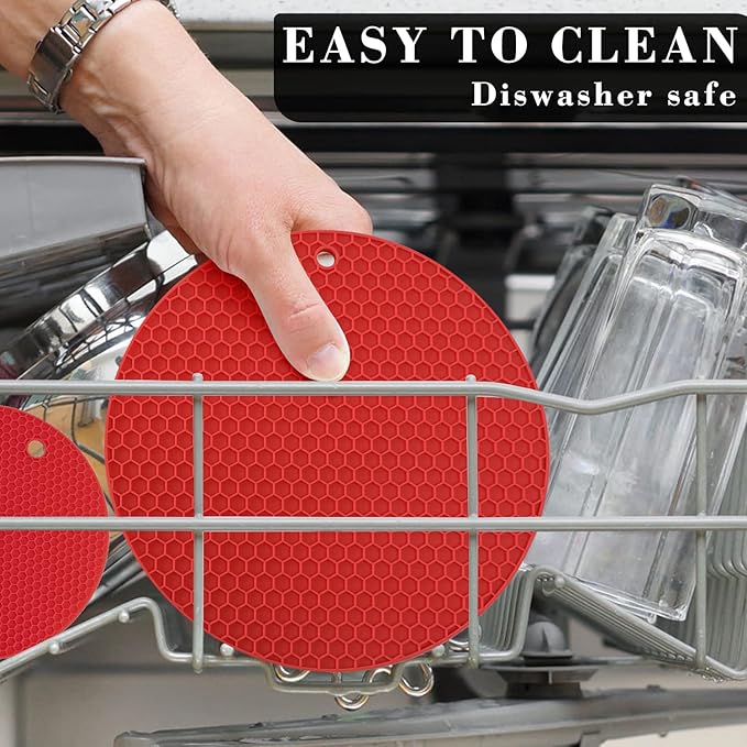 Silicone Trivets for Hot Pots and Pans - 4PCS Heat Resistant Oversized Silicone Pot Holders Hot Pads for Kitchen, Multipurpose Round Trivet Mat, Spoon Holder & Jar Opener, Drying Mat(Red)