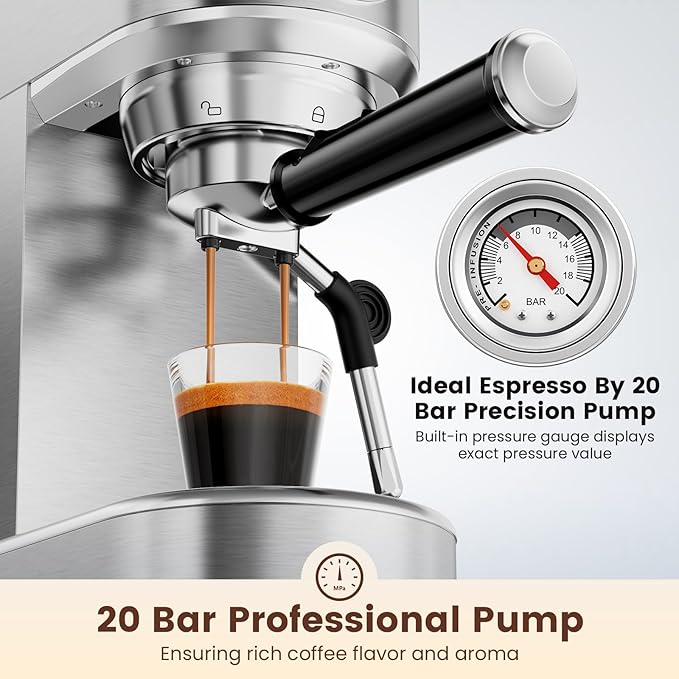 Espresso Machine 20 Bar, Compact Espresso Maker, Stainless Steel Expresso Coffee Machines with Steam Milk Frother & 34oz Removable Water Tank for Home Latte, Cappuccino, Silver