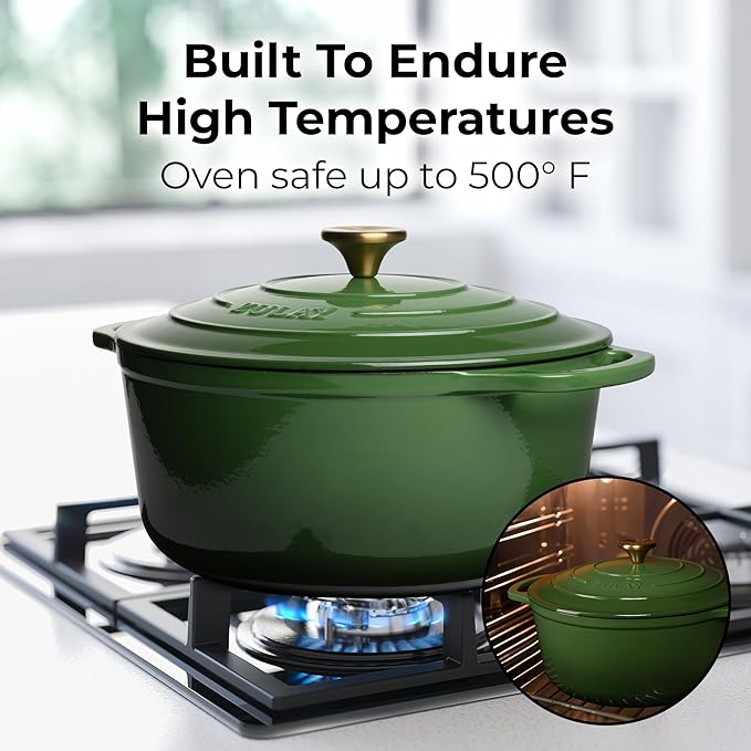 Zulay Kitchen 5 Quart Enameled Cast Iron Dutch Oven with Lid,Silicone Trivet & Heat Pad – Premium Durability & Oven Safe up to 500°F – Heavy Duty Cookware Perfect for Bread Baking, Stews, Braising & Roasting – Green