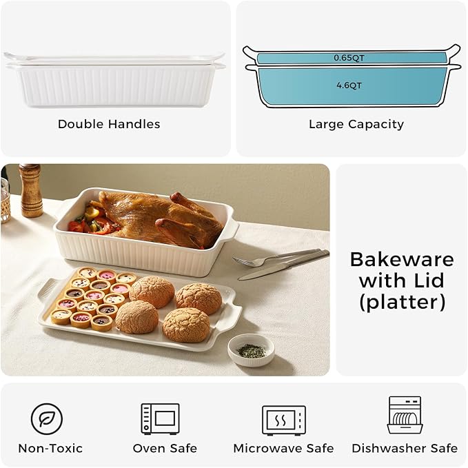 Dizada Large Casserole Dish with Lid, Deep 5.2-Qt (9"x13") 2-in-1 Ceramic Baking Dish with Ceramic Lid, Extra Large Rectangular Baking Pan For Casserole & Lasagna, Dishwasher, Freezer, Microwave and Pre-Heated Oven Safe