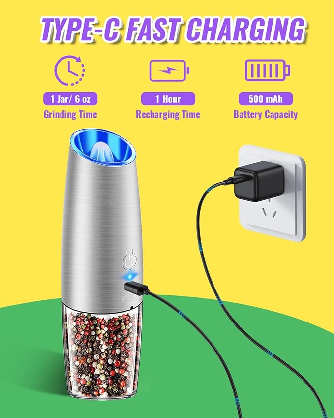 Rongyuxuan Upgraded Rechargeable Gravity Electric Salt and Pepper Grinder Set with LED lights,Stainless Steel Automatic Pepper or Salt Grinder Mill Shaker Refillable with Adjustable Coarseness,Sliver