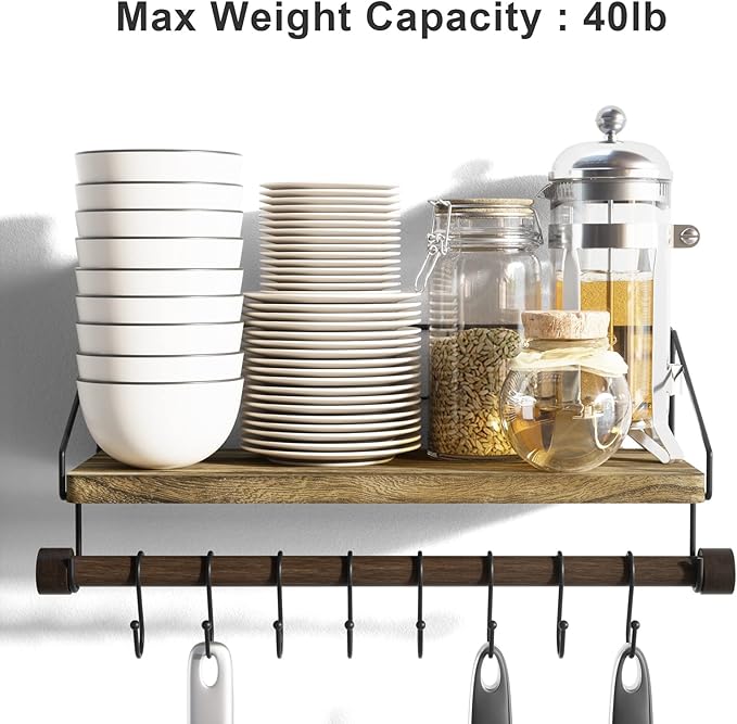 Alsonerbay Floating Shelves Wood Shelves for Wall, Rustic Wood Kitchen Shelf with Towel Bar and 8 Removable Hooks for Hanging Cooking Utensils or Mugs