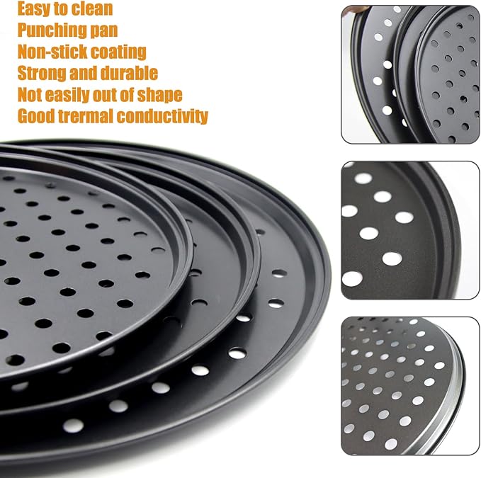 Handook Pizza Pan Set, Carbon Steel Pizza Pan with Holes, for Oven Baking Supplies & Home, Kitchen, Restaurant(9 Inch &10 Inch &12 Inch)