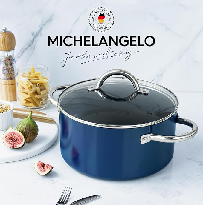 MICHELANGELO Stock Pot with Lid - 5 Quart Cooking Pot with Nonstick Coating, Ceramic Soup Pots with Stainless Steel Handle, Non Stick Pot Induction Compatible, Blue