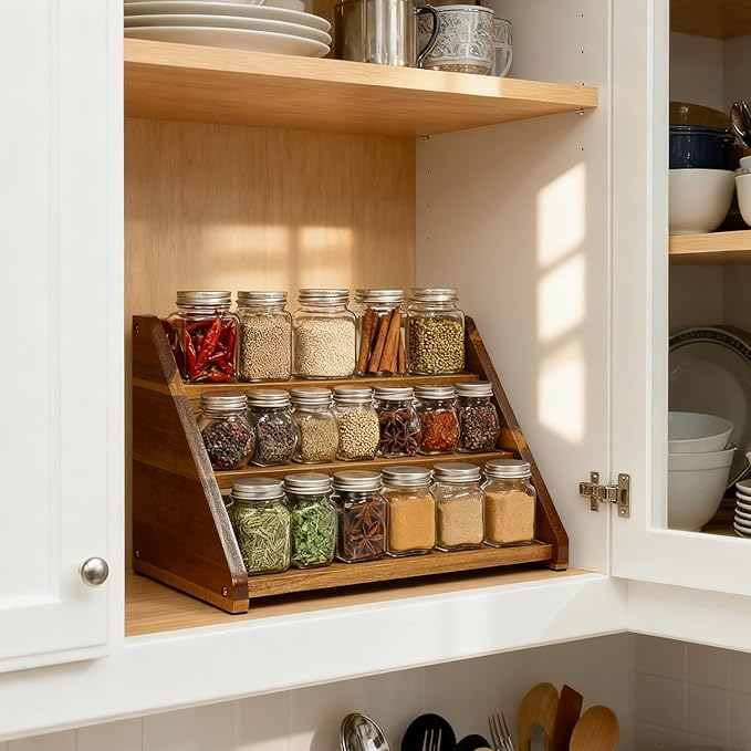 Acacia Wooden Spice Rack for Countertop - 3 Tiered Spice Rack Organizer for Cabinet - Kitchen Spices Organizers Holds 24 Jars - Spices Shelf for Kitchen Storage Pantry Seasoning Organizer