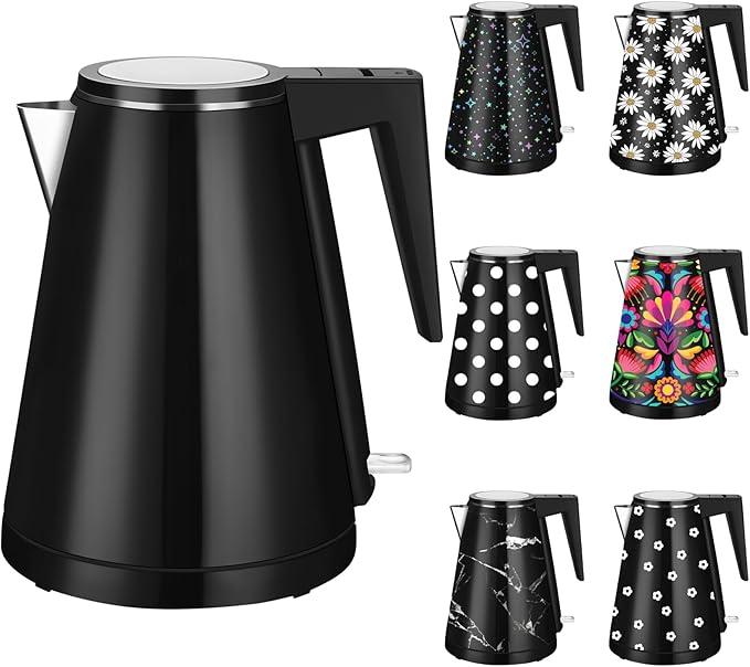 1.2L Double Wall Stainless Steel Interior Water Boiler, Cordless, 1000W Fast Boil with LED Light Coffee Pot & Tea Electric Kettle, Auto Shut-Off and Boil-Dry Protection (Black)