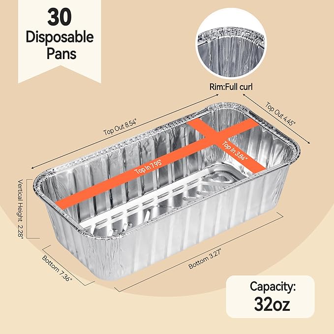 2lb Aluminum Loaf Baking Pans,Heavy Duty Foil Baking Container for Baking Holiday Treats Food Storage, Takeout,Homemade or Commercial- 8.5 x 4.5 x 2.5(30 Pack)
