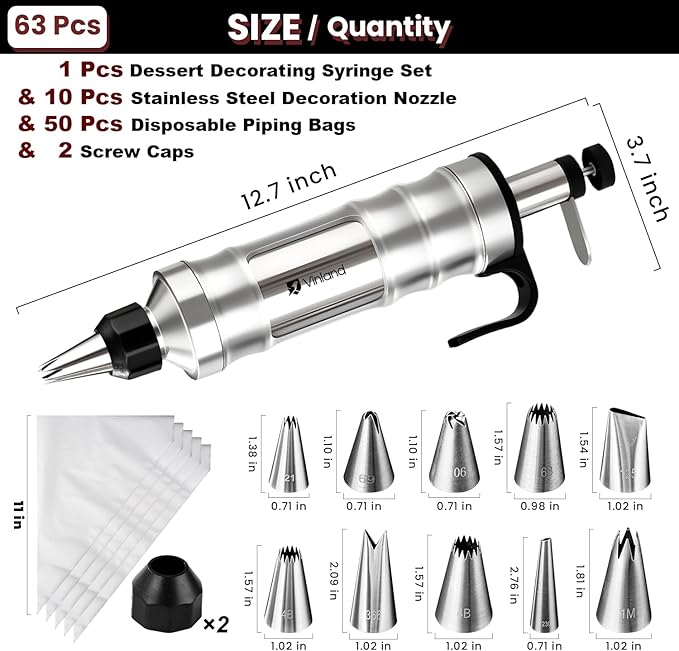 Dessert Decorating Syringe Set Icing Piping Kit Frosting Piping Kit Stainless Steels Cake Decorating Kit with 10 food grade stainless steel piping tips & 50 Disposable Piping Bags Black