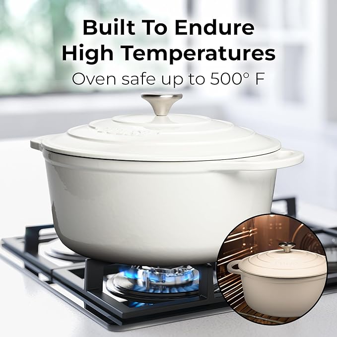 Zulay Kitchen 7.7 Quart Enameled Cast Iron Dutch Oven with Lid, Silicone Trivet & Heat Pad – Premium Durability & Oven Safe up to 500°F – Heavy Duty Cookware Perfect for Bread Baking, Stews, Braising & Roasting – White
