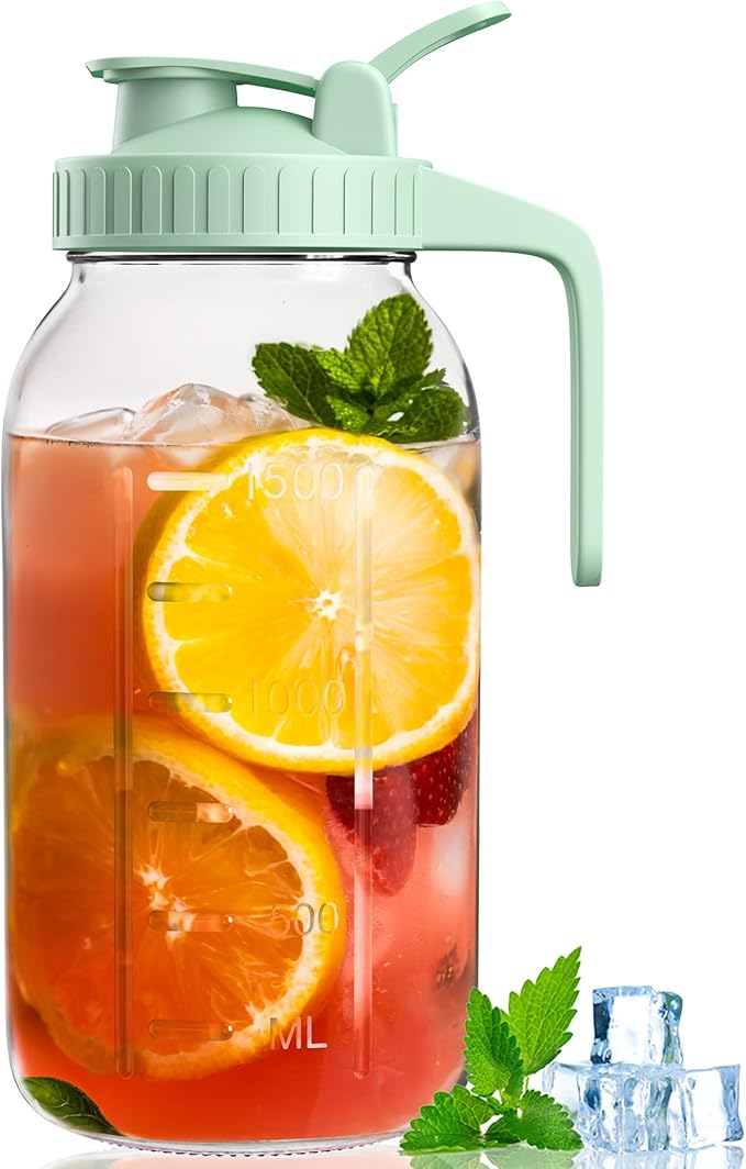 64oz Glass Mason Jar Pitcher with Lid and Spout, 2 Quart Airtight Glass Water Jug, Leakproof Wide Mouth Mason Jar Pitcher for Iced Sun Tea, Milk Storage, Cold Brew Coffee, Juice, Green