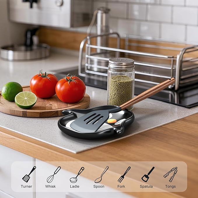 Penguin Spoon Rest for Stove Top – Ceramic Utensil Holder for Kitchen Counter – Cute Cooking Spoon Rest, Spatula Holder, Snack Dish – Unique Kitchen Gift for Holidays, Housewarming