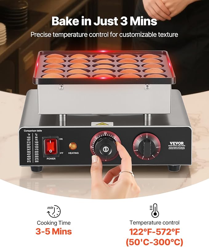 VEVOR Mini Pancake Maker, 25PCS 43mm Diameter Dutch Muffin Waffle Baker, Non-stick Stainless Steel Poffertjes Grill, Commercial Electric Dorayaki Machine, Temp & Time Control, Home Kitchen Restaurant