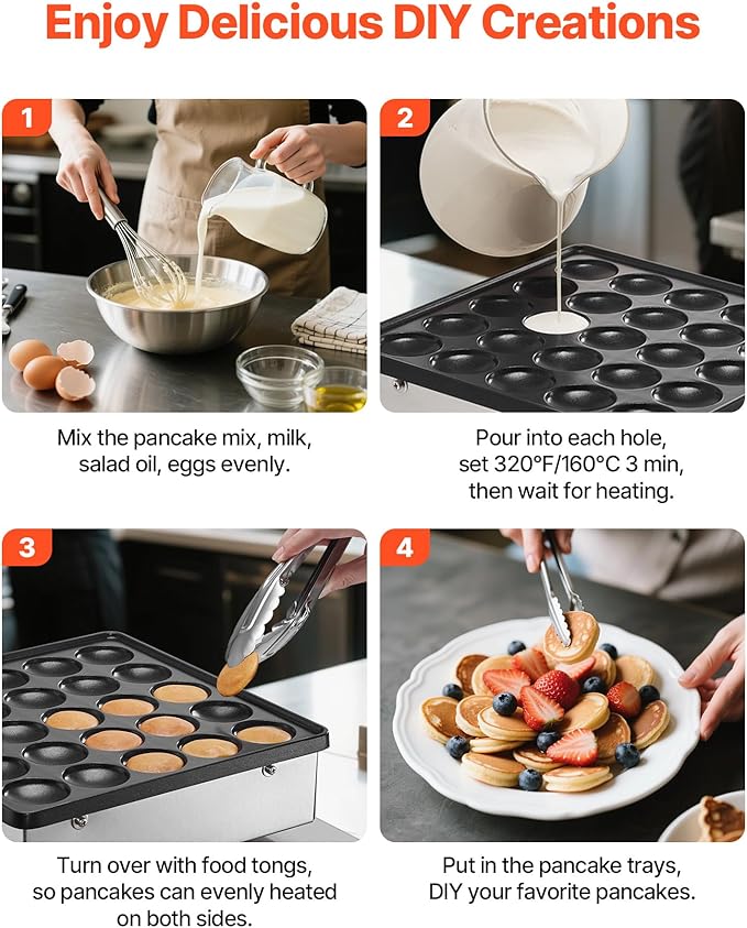 VEVOR Mini Pancake Maker, 25PCS 43mm Diameter Dutch Muffin Waffle Baker, Non-stick Stainless Steel Poffertjes Grill, Commercial Electric Dorayaki Machine, Temp & Time Control, Home Kitchen Restaurant
