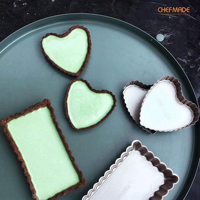 CHEFMADE Mini Tart Pan Set, 4-Inch 4Pcs with Removable Loose Bottom Non-Stick Heart-shaped Quiche Bakeware for Oven and Instant Pot Baking (Champagne Gold)