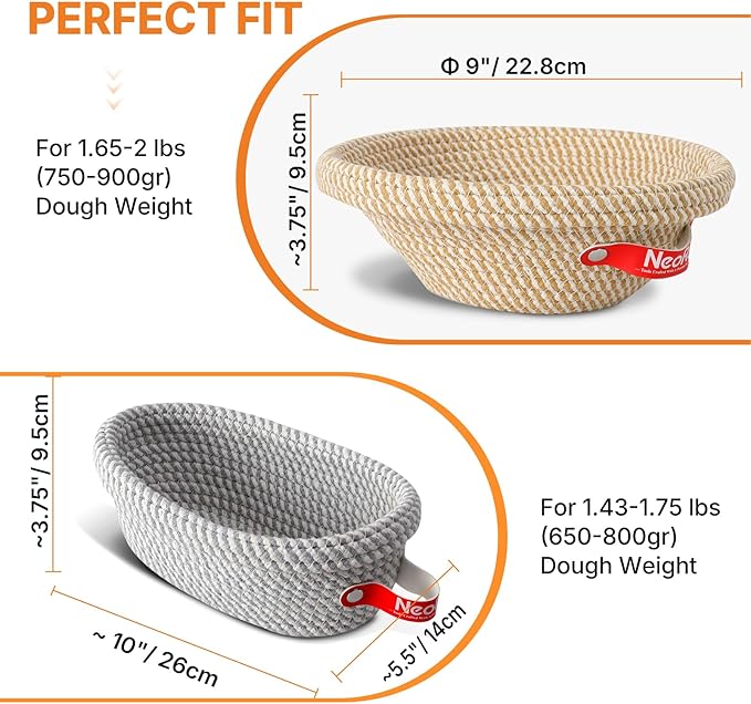 Banneton Bread Proofing Basket Set - Oval & Round Sourdough Proofing Baskets - Sourdough Proofing Bowls Bread Baking Supplies With Liner & Cloth Cover - Cotton Rope Banneton Basket for Baking