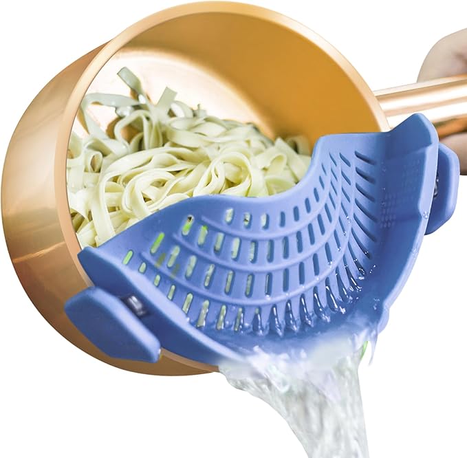 AUOON Clip on Strainer for Pots and Pans - Silicone Food Strainer for Draining Pasta, Spaghetti, Noodles, Fruits, Vegetables, Grease, Ground Beef (Blue Velvet)