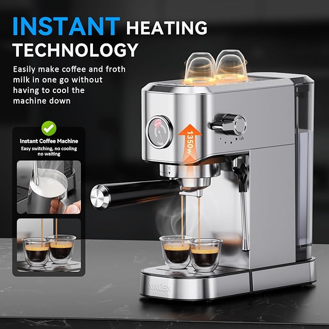 20Bar Espresso Machine, Compact Espresso Maker with Milk Frother, Stainless Steel Coffee Machine for Cappuccino&Latte, 42oz Water Tank, Visible Pressure Gauge, Home&Office, Silver