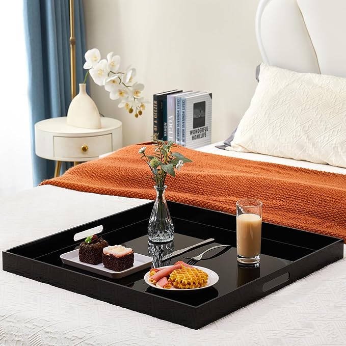 18×18 inches Oversized Black Acrylic Ottoman Tray Extra Large Decorative Tray Spill-Proof Serving Trays with Handles King-Size Safe Edge Organizer for Coffee Table Countertop Breakfast